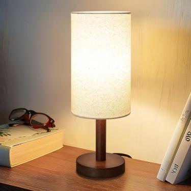 Imagem de Luminária de mesa pequena para quarto, mesa de cabeceira, abajur de linho, base de madeira, lâmpada de cabeceira pequena para mesinhas de cabeceira, lâmpadas de mesa para leitura de sala de estar