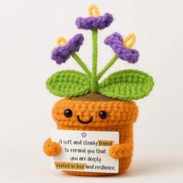 Imagem de Viaosanza Presente criativo positivo, bonito e interessante, pequeno, de crochê, vaso de planta, decoração de mesa de escritório, sem irrigação, manutenção de poda, miniplanta de flor roxa, cartão