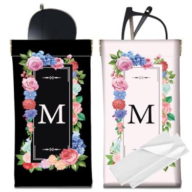 Imagem de CREATCABIN Estojo de óculos de sol de couro com 2 peças, estojo fino portátil para óculos de sol com letra M, bolsa macia para óculos, bolsa de viagem com pano de limpeza, presente para mulheres
