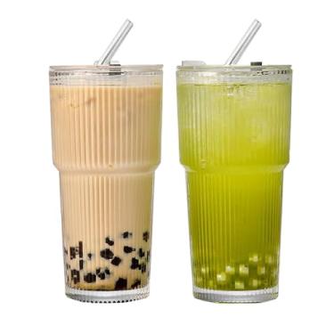 Imagem de Jmtgamtgwj Copos de vidro de 590 ml com tampas e canudos, 2 peças de copo de café de vidro, copo de café gelado reutilizável, conjunto de copos com nervuras, ideal para uísque, cerveja, coquetel, suco