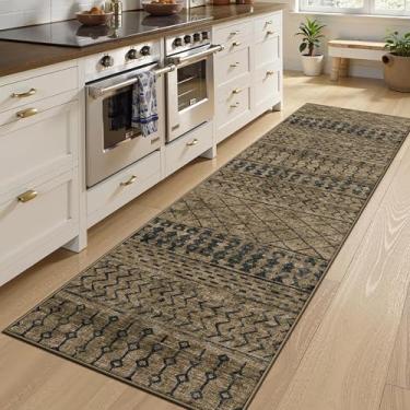 Imagem de GERUIMO Tapete de corredor lavável de 5 x 20 cm, tapete de área de corredor de cozinha, marrom preto vintage marroquino ultra antiderrapante, tapete de lã sintética macia, adequado para crianças e