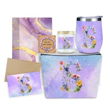 Imagem de Presentes personalizados monograma presentes de aniversário para mulheres, mãe nova, avó dia dos namorados obrigado Natal, copo de vinho inicial bolsa de maquiagem conjunto de pulseira de vela