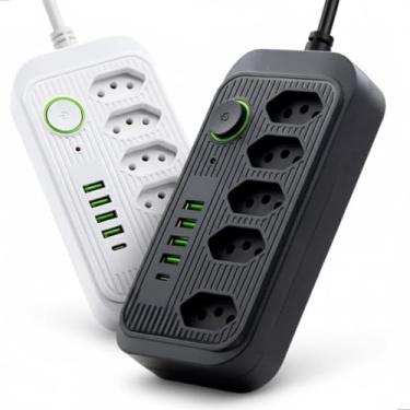 Imagem de Régua Extensão Filtro de Linha 5 Tomadas Bivolt 2500W 10A com 4 Portas USB + 1 Tipo-C, Botão Liga/Desliga e Proteção Sobretensão – Ideal para Escritório, Casa e Eletrônicos (Preto)