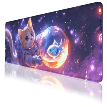 Imagem de Tapete de rato para jogos de gato fofo, Fantasy Space Kawaii Kitty Fish Star Tapete de rato grande para jogos com bordas costuradas, base de borracha antiderrapante à prova d'água tapete de musgo 80 x