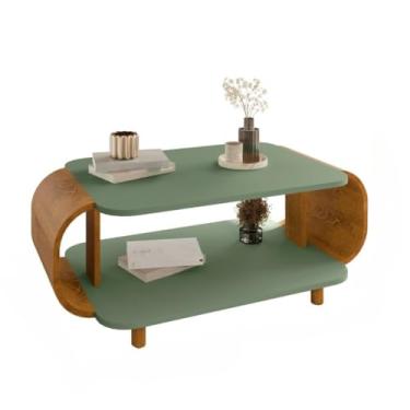 Imagem de Mesa de Centro Retangular Design Moderno com Nicho Inferior 90cm - Pés de Madeira Maciça (Pistache/Naturalle)