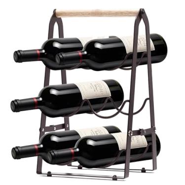 Imagem de Rack de vinho, rack de vinho dobrável para 6 garrafas, bancada com cabo de madeira, suporte de garrafa de vinho sem montagem de 3 camadas para bar doméstico, cozinha, armazenamento de adega (preto)