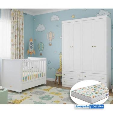 Imagem de Berço Tutto New E Guarda Roupa Infantil Mississipi Ambiente 4 Portas Branco Fosco Com Colchão Gazin - Matic