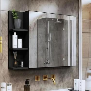 Imagem de Armário Espelhado para Banheiro, Preto, Montado na Parede, com Prateleiras de Armazenamento, Design Moderno