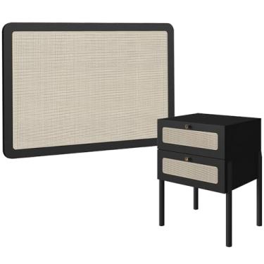 Imagem de Cabeceira Solteiro 90cm e 1 Mesa Lateral 2 Gavetas Madeira Moss A03 Nero Preto- Lyam Decor