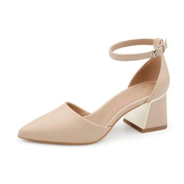 Imagem de BCTEX COLL Sandália feminina com bico fino e tira no tornozelo, salto baixo, com forro de metal, projetada para mulheres, Nude PU, 4.5 UK