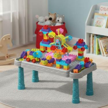 Imagem de Mesinha Infantil Educativa com Blocos Peças de Montar - Brinq Kids, Az