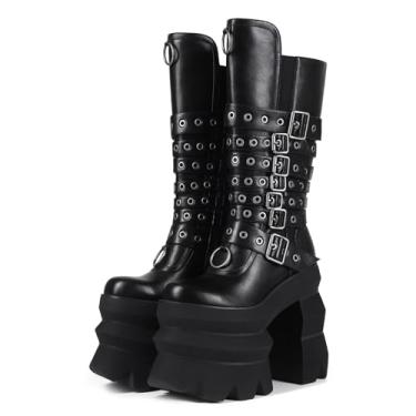 Imagem de Frankie Hsu Bota de salto alto plataforma gótica, fivela escura preta punk gótica Y2K Hot Cool Girl Sapatos de panturrilha larga para mulheres e homens, Preto, 40