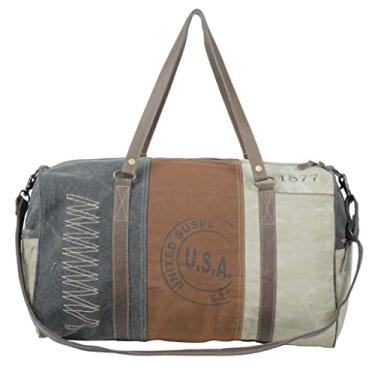 Imagem de Myra Bag Bolsa vintage – bolsas transversais de lona e couro para mulheres, bolsas vintage neutras para mulheres, marrom, cinza e marfim, design vintage de patchwork, bolsas grandes de lona para