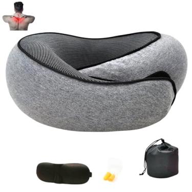 Imagem de Travesseiro de viagem para avião, travesseiro de pescoço 100% de espuma de memória, ajustável em 360°, design ergonômico e acessório de viagem portátil para voos, carro e casa, conjunto de