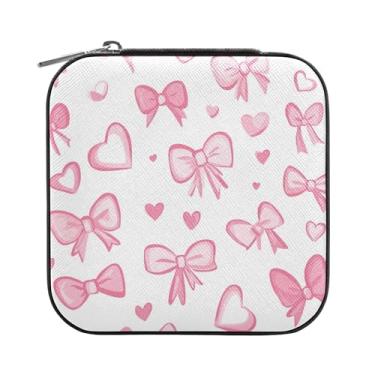 Imagem de SEHANY Caixa de joias personalizada com laço rosa para mulheres, meninas, mini estojo de joias de couro PU, organizador de joias de viagem, caixa de joias para brincos, anéis, colares, presentes para