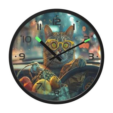 Imagem de SEHANY Relógio de parede engraçado para dirigir gato, silencioso, sem tique-taque, operado por bateria, controle de som, luz noturna, relógios de parede para sala de estar, cozinha, quarto, escritório