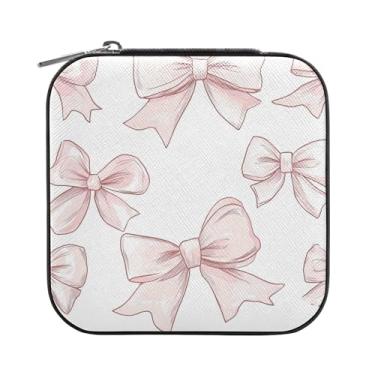 Imagem de SEHANY Caixa de joias personalizada com laço rosa para mulheres, meninas, mini estojo de joias de couro PU, organizador de joias de viagem, caixa de joias para brincos, anéis, colares, presentes para