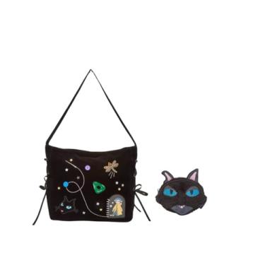 Imagem de Coraline Bolsa Hobo de Veludo Preto e Mini Pacote de Moedas de Gato, Tema Espacial Bordado com Estrelas e Libélula, Design de Cadarço Lateral