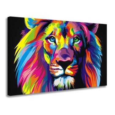 Imagem de Quadro Decorativo Pintura Abstrata Leão Colorido Moderna Sala Quarto E