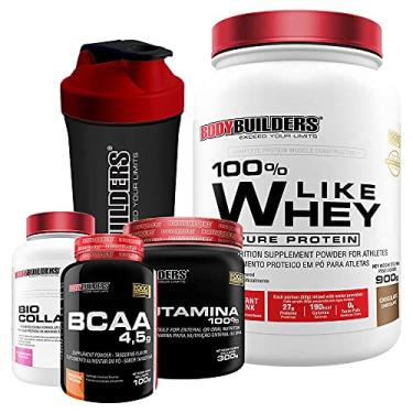 Imagem de Kit Like Whey 900g + BCAA 100g+ Colageno 200g + Glutamina 300g + Coqueteleira - Bodybuilders Sabor: Chocolate