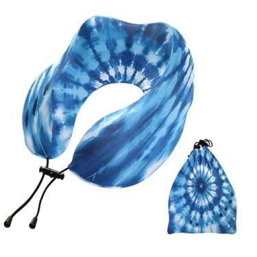 Imagem de CEBUGI Travesseiros de viagem portáteis em forma de U, travesseiro de pescoço de espuma viscoelástica com trava de corda ajustável para avião, viagem, trem, negócios, escritório, soneca (azul tie-dye)