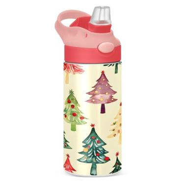 Imagem de YETTASBIN Garrafa de água de árvore de Natal para crianças, 340 g, à prova de vazamento, parede dupla, isolada, copo de viagem com tampa de canudo para meninas, meninos e crianças