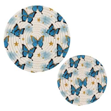 Imagem de Wassud Conjunto de trivet delicadas borboletas azuis para pratos quentes, suportes redondos de panela, almofadas quentes de algodão, porta-copos resistentes ao calor para decoração de cozinha, bancada