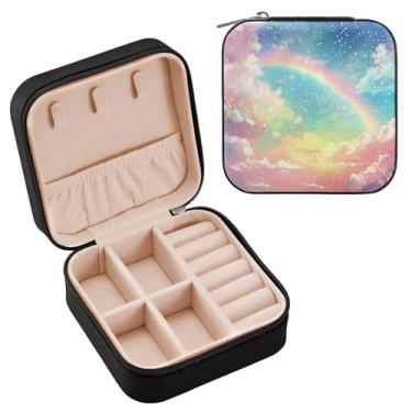 Imagem de YETTASBIN Caixa de joias arco-íris para adolescentes, meninas, mulheres, presente de aniversário, Natal, caixa de armazenamento portátil de couro PU, mini estojo de joias de viagem para colar, brincos