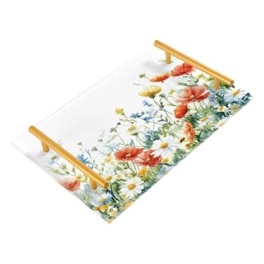 Imagem de Wassud Bandeja de banheiro de flores em aquarela com alças organizador de perfume de acrílico para banheiro, quarto, cozinha, balcão de 30 x 20 cm