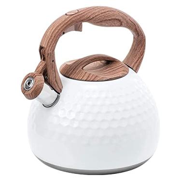 Imagem de YYBOES Chaleira de assobio, fogão, acampamento, cafeteira, aço inoxidável, bule de chá, apito, ergonômico, resistente ao calor, cabo de grão de madeira para fogão, chaleira de acampamento de 2,8 L