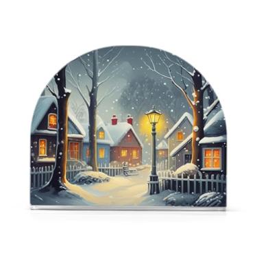 Imagem de Qilmy Porta-guardanapos de acrílico para casa de neve de Natal, porta-guardanapos para mesas cozinha restaurante decoração de casa, suporte decorativo moderno para guardanapos de coquetel de papel de