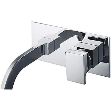 Imagem de LMJYU Torneiras de pia de banheiro Torneira de lavatório, torneira de parede de cobre pequena bocal de saída de cachoeira quadrado quente e frio controle único