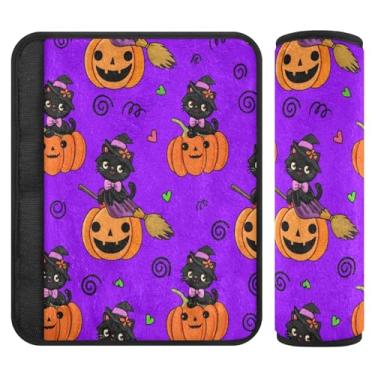 Imagem de Burbuja Capa para cinto de segurança de carro Cat Sitting on Pumpkins Protetor de cinto de segurança de carro macio confortável para alça de ombro de assento, 1 par médio