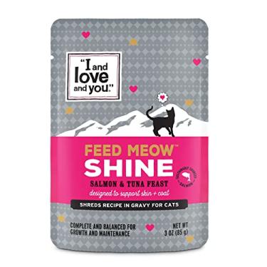 Imagem de "I and love and you" Feed Meow Wet Cat Food Toppers, Shine Formula com salmão e atum, ômegas 3 e 6 para pele e pelo saudáveis, sem grãos, sem enchimentos, bolsas de 85 g, 1 bolsa tamanho de teste