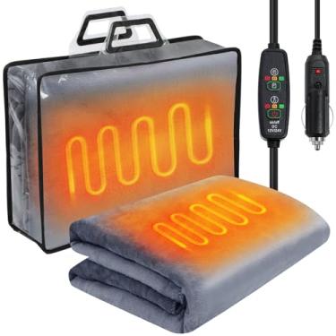 Imagem de Riakrum Cobertor elétrico portátil de lã de 12 V com controle de temperatura, adaptador de carregador USB para caminhão, SUV, trailer para clima frio, acampamento, viagem, presente de Natal, cinza
