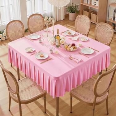Imagem de Wish Care Toalhas de mesa de elastano rosa para mesas quadradas de 152 x 152 cm, roupas de mesa elásticas com saia plissada com babados para mesa de 152 cm, sem rugas e elásticas, para festa, cozinha