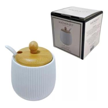Imagem de Açucareiro Com Colher De Cerâmica E Tampa Bambu 360ml Cor Branco - Hau