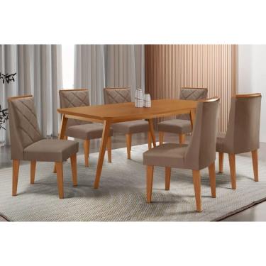 Imagem de Sala Jantar Mesa Havana Tampo Curvo 180cm+6 Cadeiras Pietá Madeira Naturale - Capuccino/Suede Capuccino - Rufato