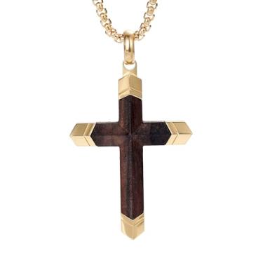 Imagem de GTMJ Elegante colar com pingente de cruz para homens, design de metal e madeira, corrente com joias cristãs religiosas, Medium, Aço inoxidável, Sem Pedra Preciosa