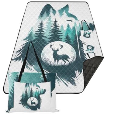 Imagem de TSENQUE Cobertor de praia de veado floresta de lobo aquarela à prova d'água dobrável tapete de piquenique bonito impressão cobertor de acampamento para grama 203 cm x 152 cm