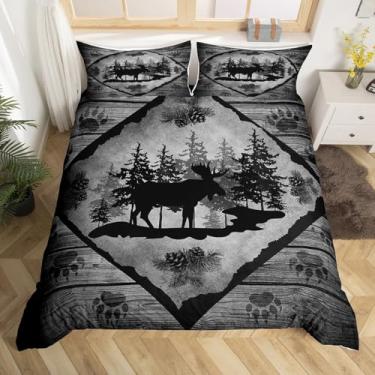 Imagem de Conjunto de cama queen size com estampa de pata de animal selvagem, alce selvagem, estampa de pata para crianças, adolescentes e adultos, capa de edredom rústica com listras de madeira quadriculada