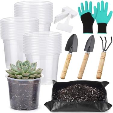 Imagem de Yiyiring Kit de ferramentas de jardim com 83 peças, vasos de plástico transparente de 10 cm com tapete de transplante, conjunto de ancinho de cultivador de espátula, etiqueta e luva, ferramentas