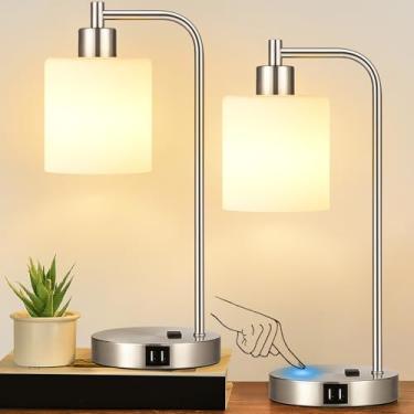 Imagem de Conjunto de 2 candeeiros de mesa industriais com controle de toque com 2 portas USB e tomada CA – Luminária de cabeceira de níquel regulável de 3 vias, candeeiro de cabeceira para quarto, sala de