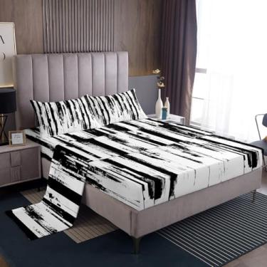 Imagem de Erosebridal Jogo de lençol King Size Boho preto e branco, listrado, geométrico, abstrato, para mulheres, homens, adultos, adolescentes, lençol com elástico, lençol de cima, pintura de tinta branca e