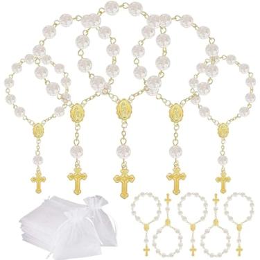 Imagem de Conjunto de 10 mini rosários de lembrancinhas de festa de batismo com bolsas de organza para batizado, casamentos, lembrancinhas de festa de primeira comunhão (rosa dourada)