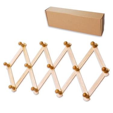 Imagem de Prairie Star Cabide de parede de madeira expansível com design de acordeão, 13 ganchos para armazenamento, bolsas, chapéus, cachecóis, caneca, toalhas, acessórios de guarda-chuva