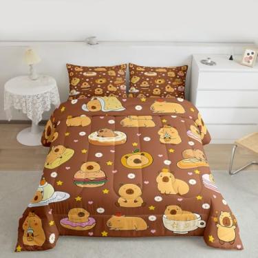 Imagem de Feelyou Conjunto de edredom fofo de capivara, solteiro, desenho de donuts, sobremesa, animais kawaii, para quarto de crianças, meninos, meninas, margarida, floral, microfibra, ultramacia, respirável
