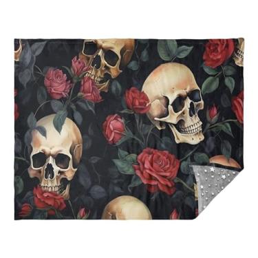 Imagem de CEBUGI Cobertor de flanela quente macio 127 x 178 cm para sofá-cama, escritório, acampamento, viagem, crânios humanos, flores de rosas vermelhas, uso em todas as estações