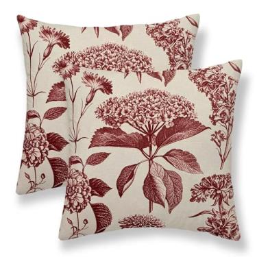 Imagem de Capas de almofada florais vermelhas bordô 45,7 x 45,7 cm, conjunto de 2 capas de almofada decorativas de hortênsia vintage de linho para decoração de flores ao ar livre vintage para sofá de casa