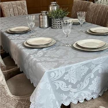 Imagem de Toalha de Mesa Jacquard Luxo Bordada Retangular para Mesa de 6 8 12 e 14 Lugares – Decoração de Mesa Elegante (CINZA,14 LUGARES)